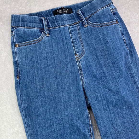 Judy Blue Denim - Judy Blue Pull On Straight Jeans Womens 1/25 Blue Medium Wash Stretch Frayed Hem